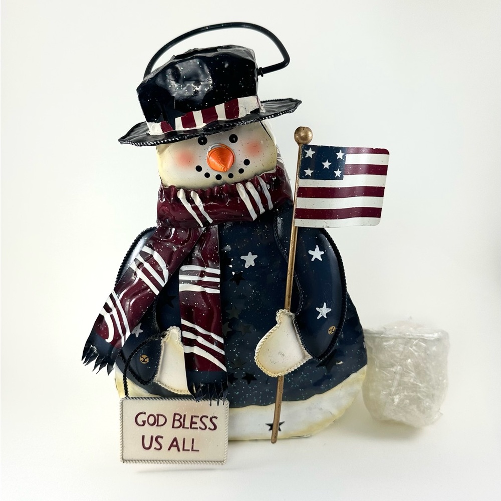 Home Interiors Snowman Patriotic Metal/Tin Votive Lantern Holder God Bless Us